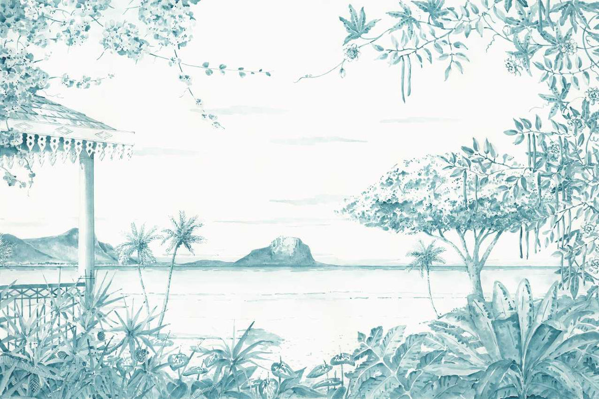 Watercolor Tropical Landscape Wall Mural in your room — zoomed