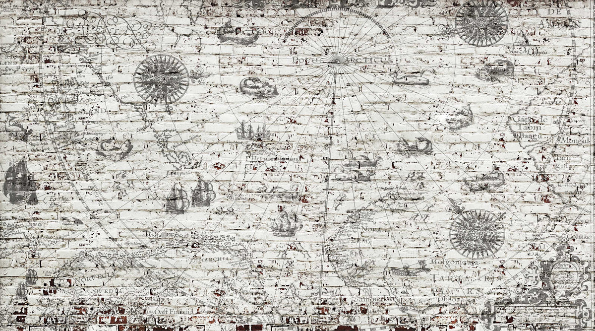 Vintage Nautical Map Brick Wallpaper in your room — zoomed