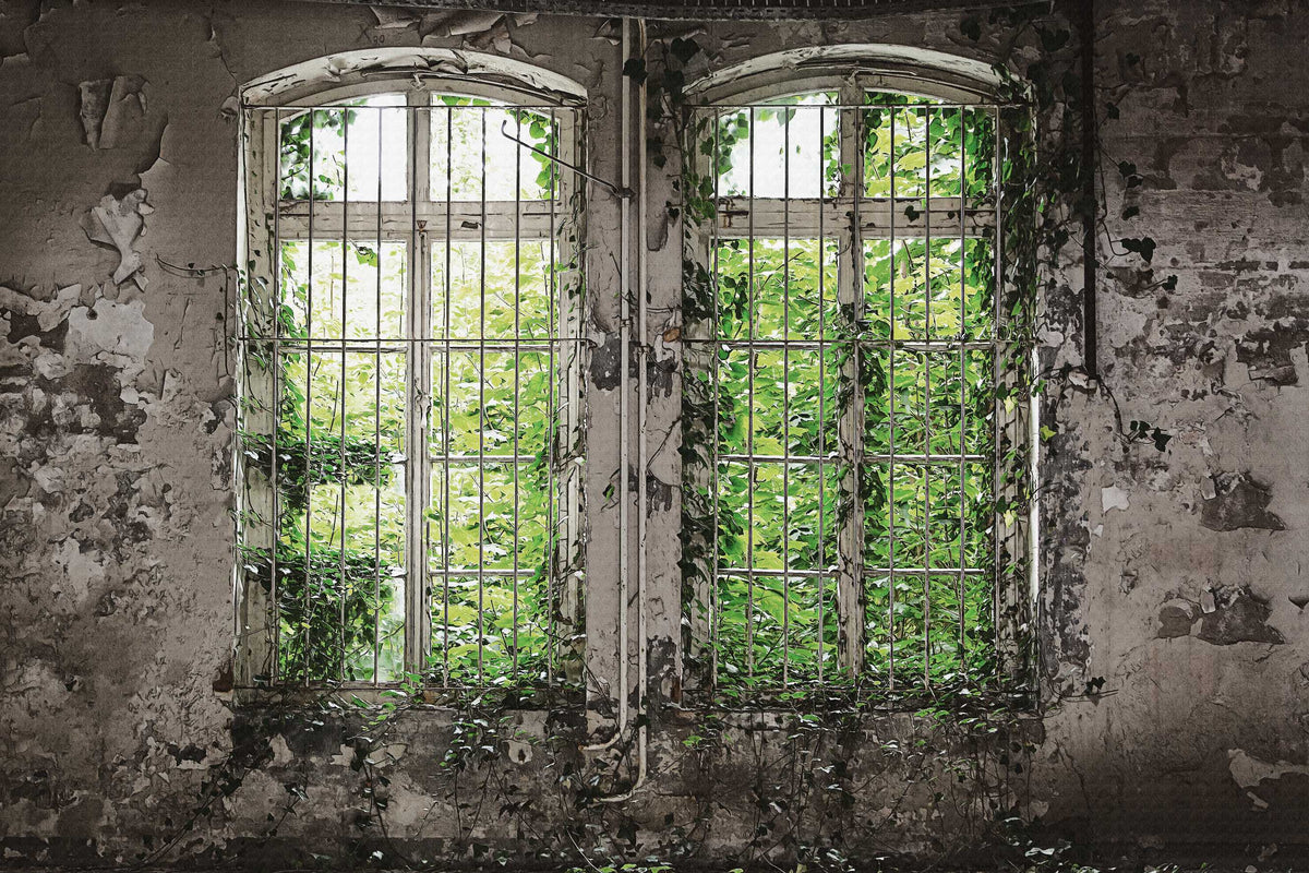 Abandoned Window Overgrown with Vines Wallpaper
