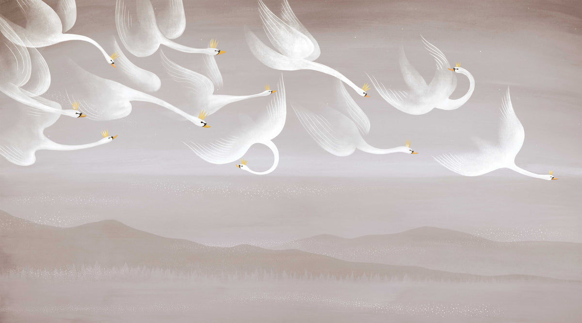 Ethereal Flying Swans Wall Mural in your room