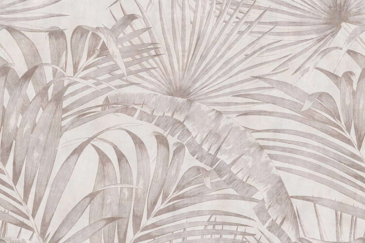 Vintage Neutral Palm Leaf Wallpaper in your room — zoomed