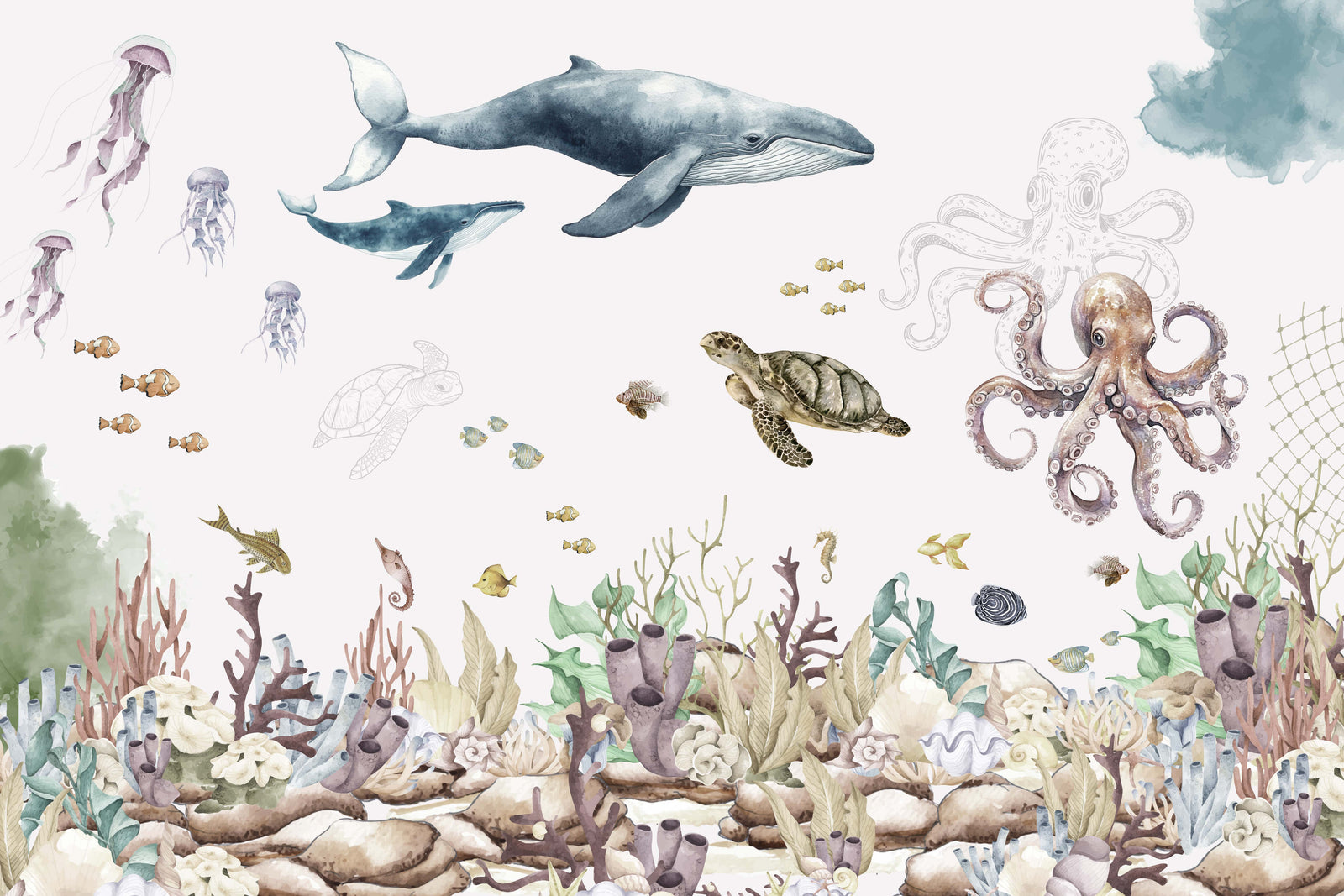 Watercolor Ocean Life Wall Mural