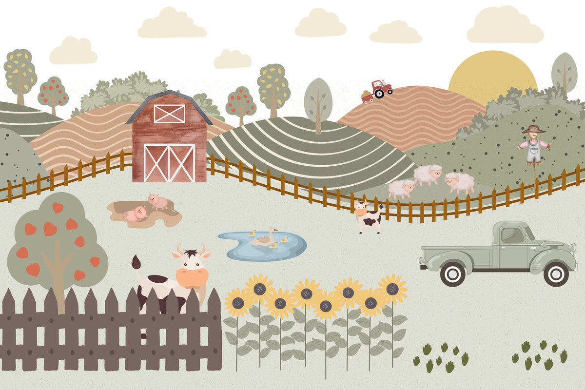 Whimsical Farm Animals Wall Mural in your room — zoomed