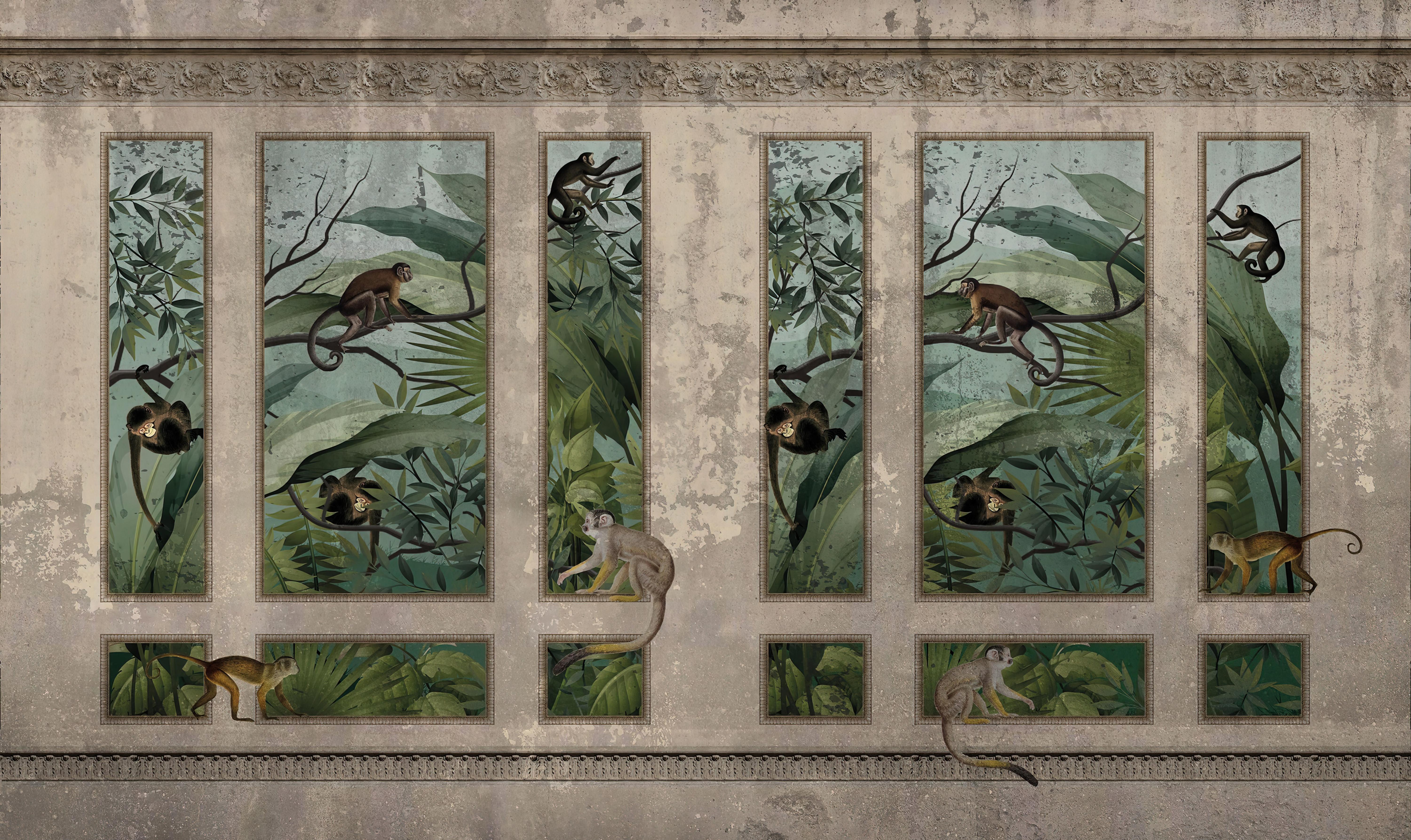 Vintage jungle monkey wallpaper with lush green foliage
