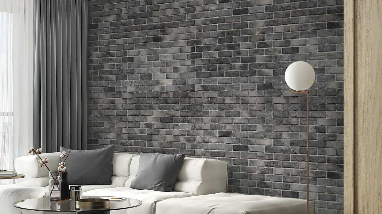 Modern living room with gray brick wallpaper for walls.