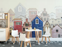 Minimalist watercolor houses wallpaper for kids room