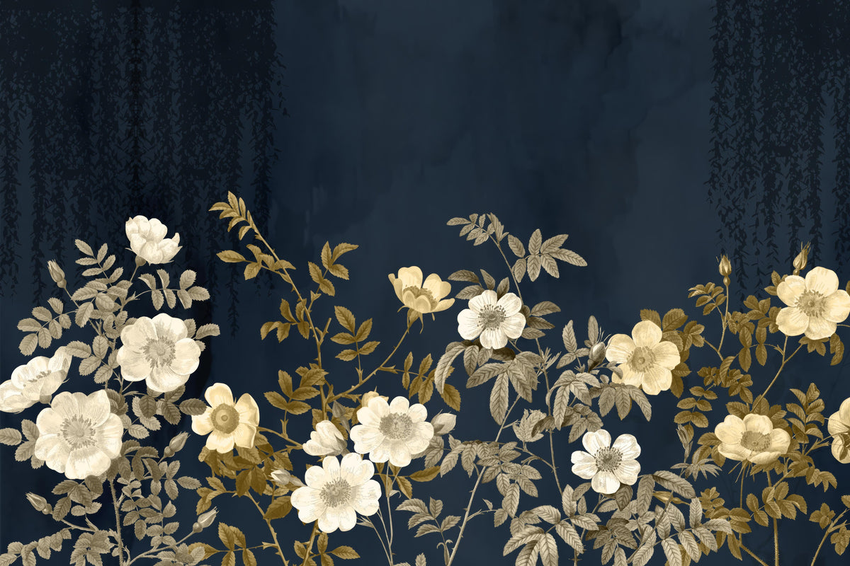 Midnight Gold Flora Wallpaper Mural in your room — zoomed