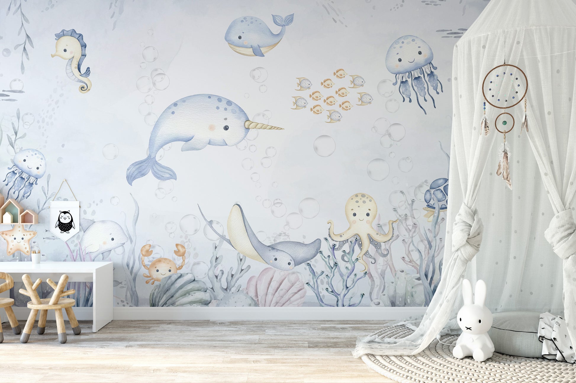 Starfish and dolphin among coral reefs and bubbles

