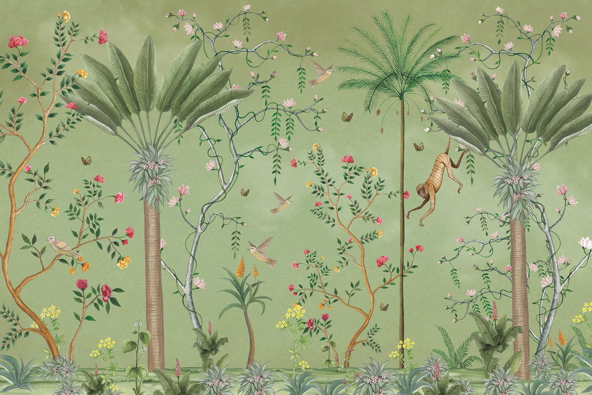 Tropical Chinoiserie Wallpaper Mural in your room — zoomed
