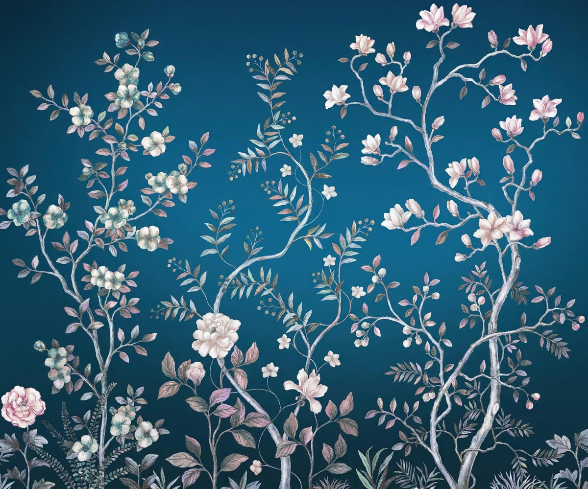 Blue Chinoiserie Wallpaper in your room — zoomed
