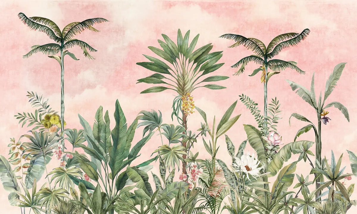 Watercolor Pink Tropical Chinoiserie Wall Mural in your room