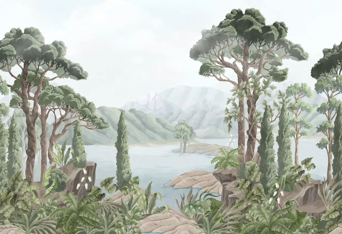 Watercolor Jungle Landscape Wallpaper in your room — zoomed