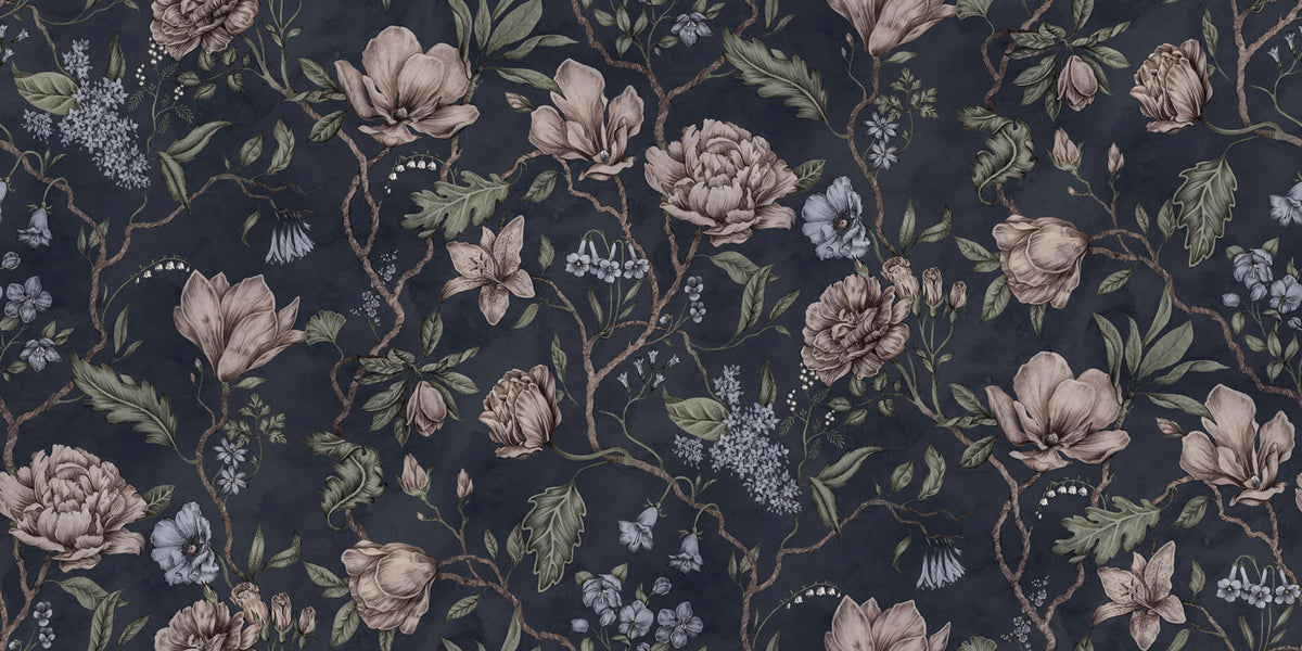Belinda Dark Blue Garden Wallpaper in your room — zoomed