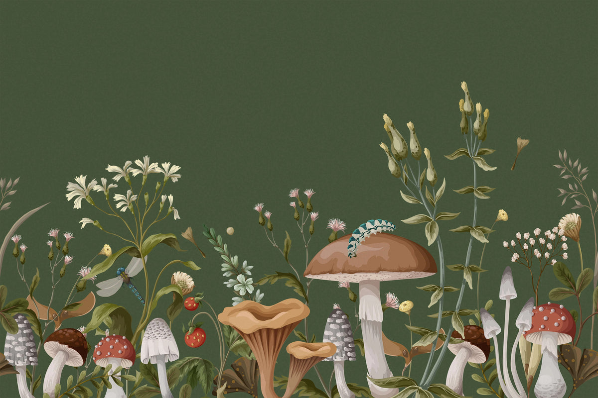 Green Mushroom Garden Wallpaper Mural in your room — zoomed