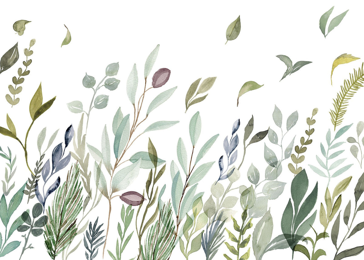 Watercolor Green Leaves Wallpaper in your room