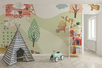 Bright and cheerful farmyard wallpaper with pigs, sheep, and a tractor amidst a sunny rural backdrop