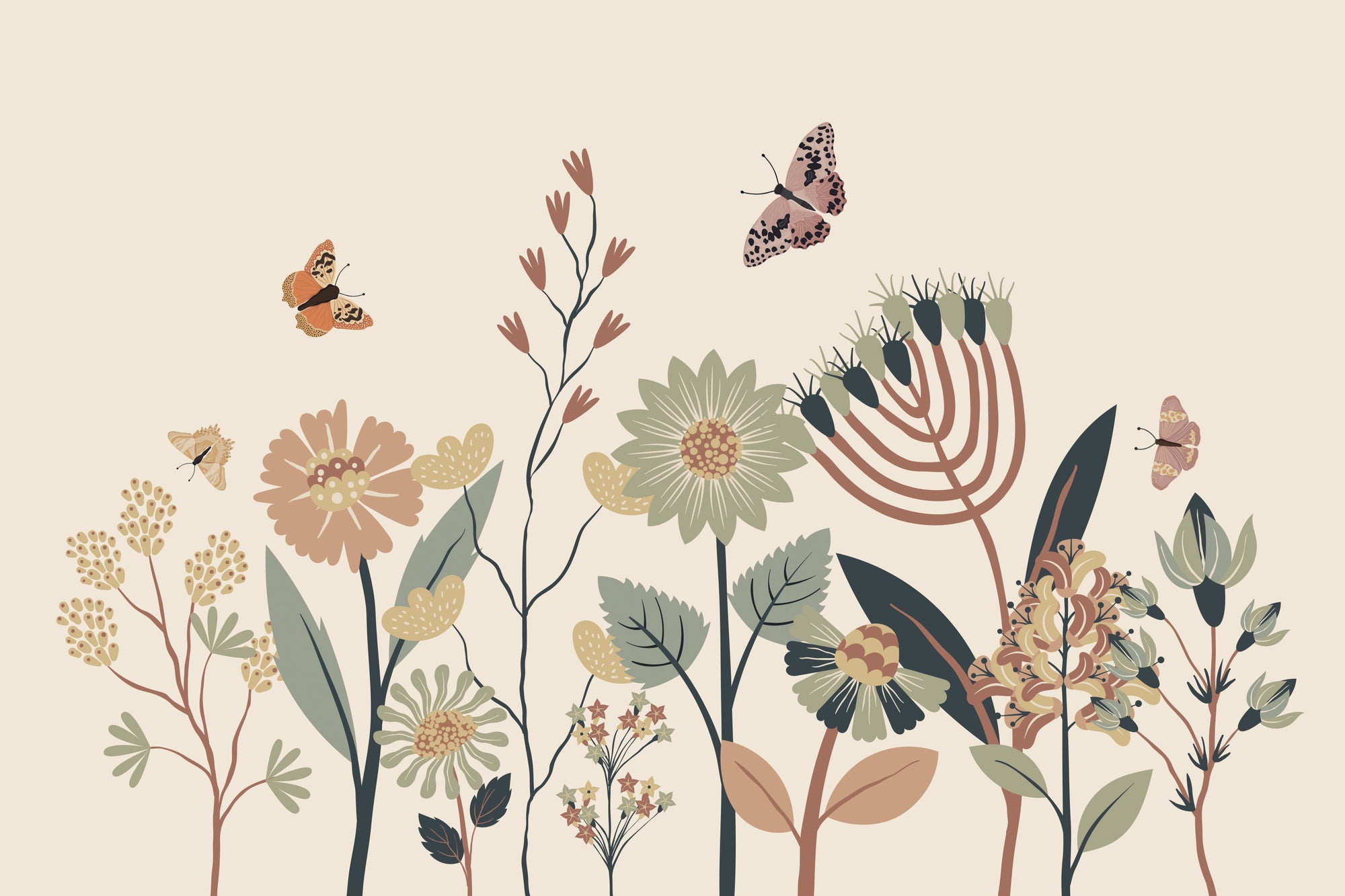 Pastel Botanicals and Butterflies Wallpaper
