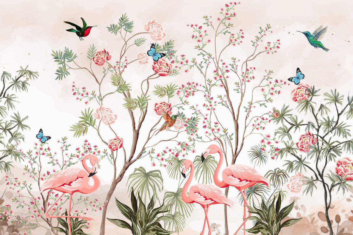 Chinoiserie Garden Flamingo Wallpaper - Pink in your room