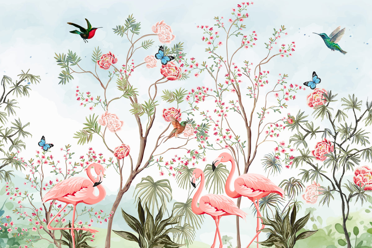 Chinoiserie Garden Flamingo Wallpaper - Blue in your room — zoomed