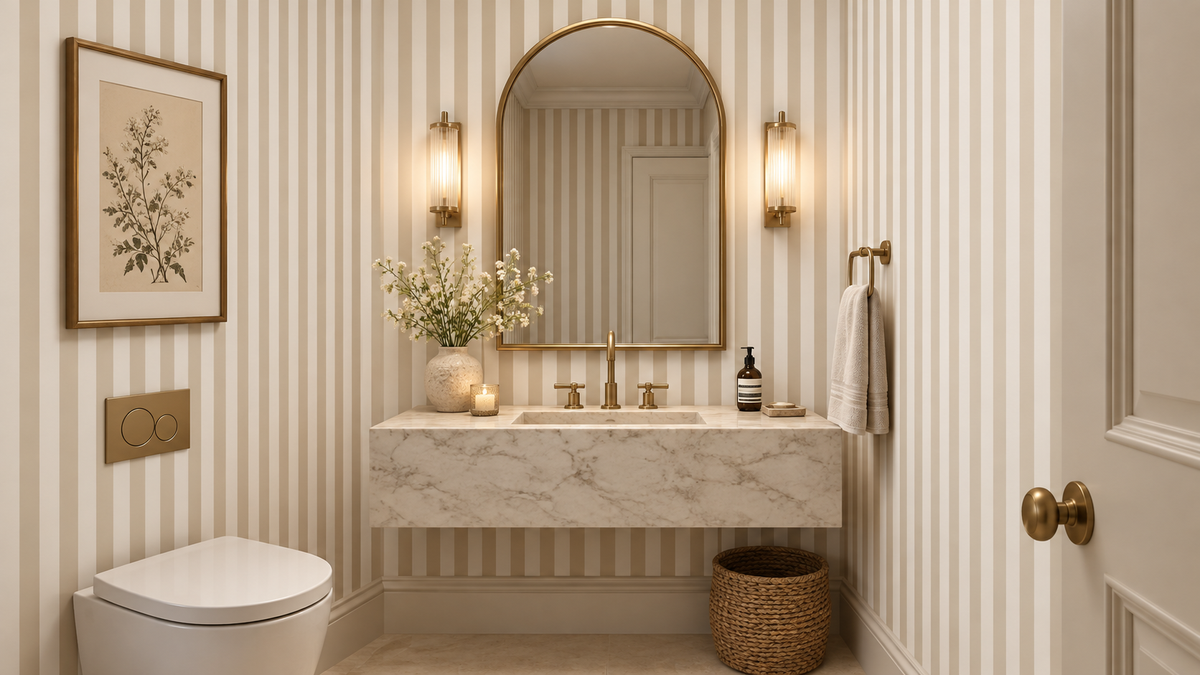 Warm beige and white vertical stripe wallpaper close up pattern GD13017
