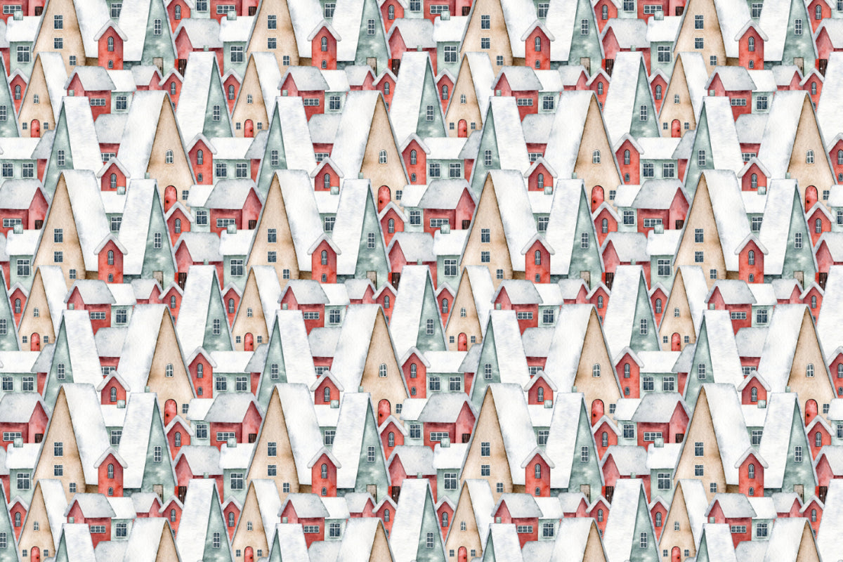 Watercolor Snowy Village Wallpaper in your room