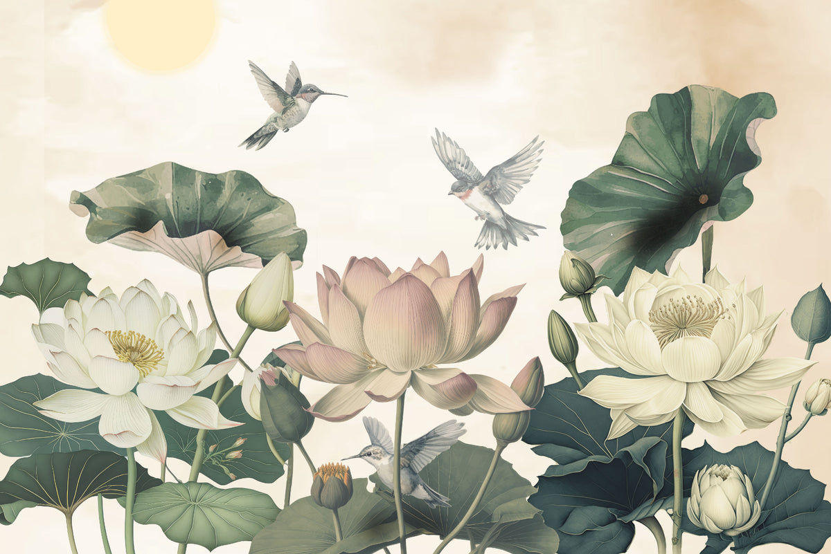 Elegant Lotus and Hummingbird Wallpaper Mural in your room
