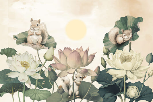 Whimsical Lotus Garden Squirrel Mural