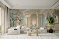 Royal entrance wall mural with columns and peacock
