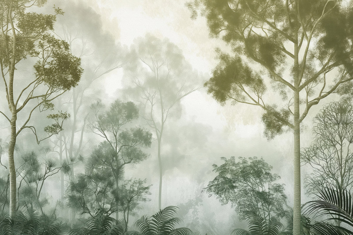 Misty Green Forest Wall Mural in your room — zoomed