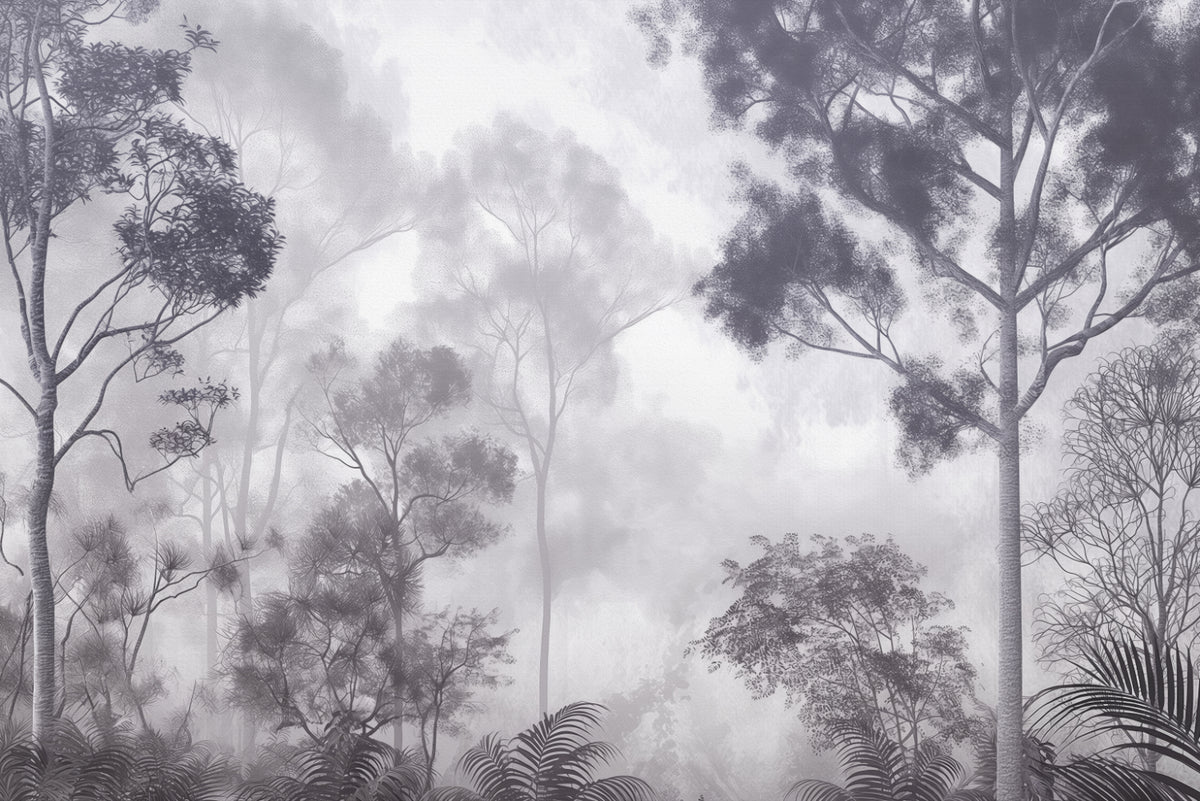 Misty Monochrome Forest Wallpaper Mural in your room — zoomed
