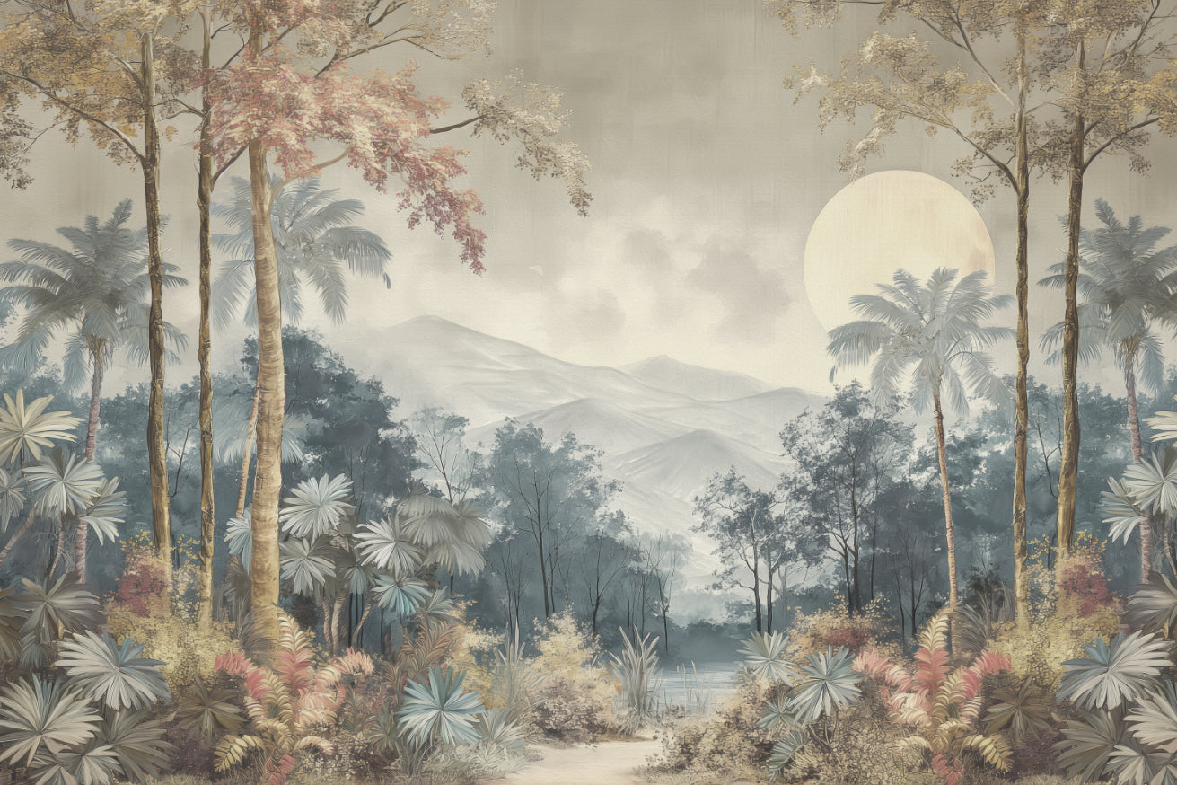 Vintage Tropical Jungle Landscape Mural in your room — zoomed