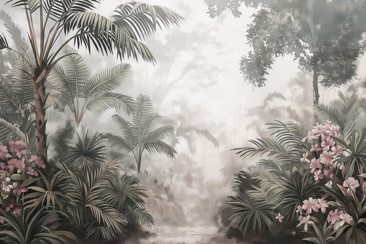 Misty Tropical Jungle Wall Mural in your room — zoomed