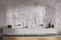 Minimalist foggy forest wallpaper for modern interiors
