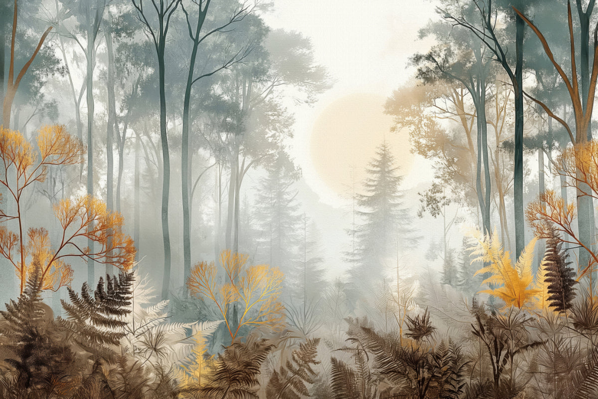 Misty Sunlit Forest Wall Mural in your room — zoomed