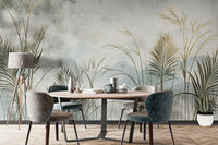 Neutral tone botanical mural with serene mountain view
