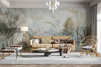 Misty botanical landscape wall mural with palm leaves
