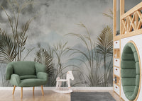 Watercolor botanical wallpaper featuring lush palm leaves
