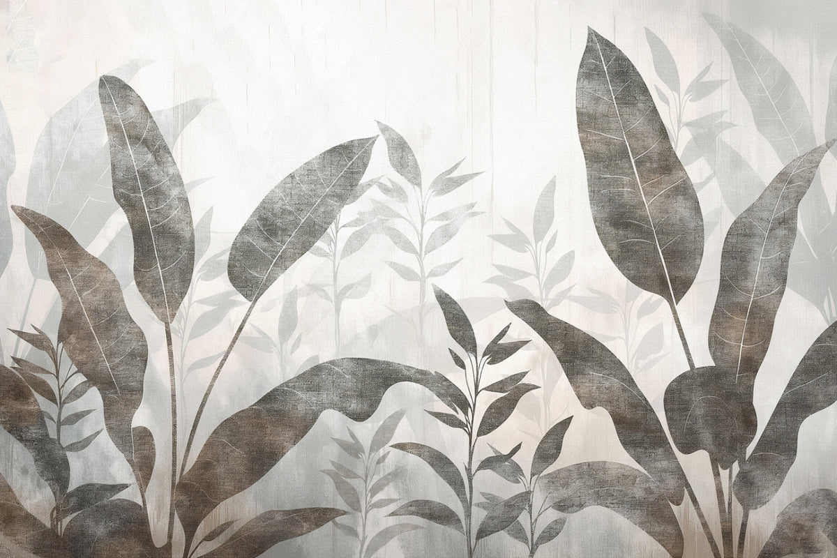 Monochrome Tropical Leaves Wall Mural in your room — zoomed