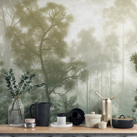 Enchanting forest scenery wall mural with misty effect
