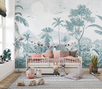 Wildlife-themed wallpaper mural with serene jungle scenery
