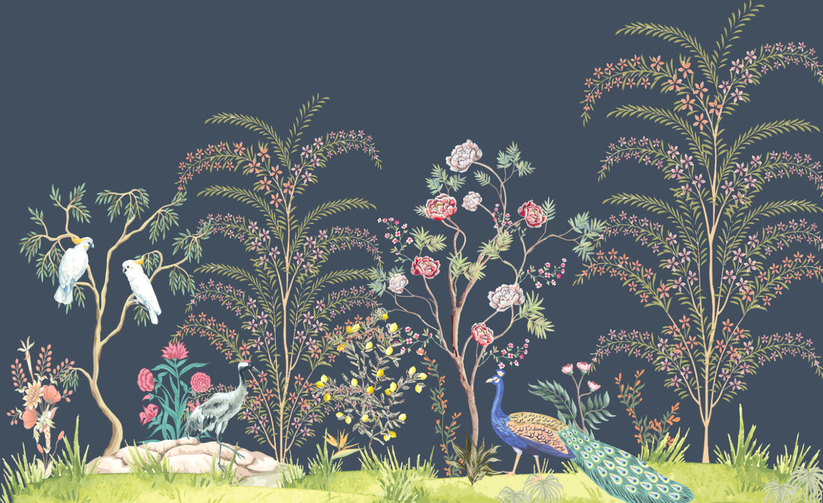 Elegant Peacock Chinoiserie Wallpaper in your room