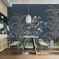 Vintage chinoiserie wallpaper with cockatoos and florals
