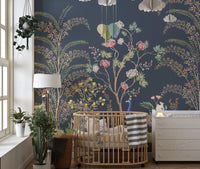 Peacock and cockatoo chinoiserie wallpaper in deep blue
