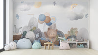 Watercolor nautical wallpaper with bear and rabbit sailing

