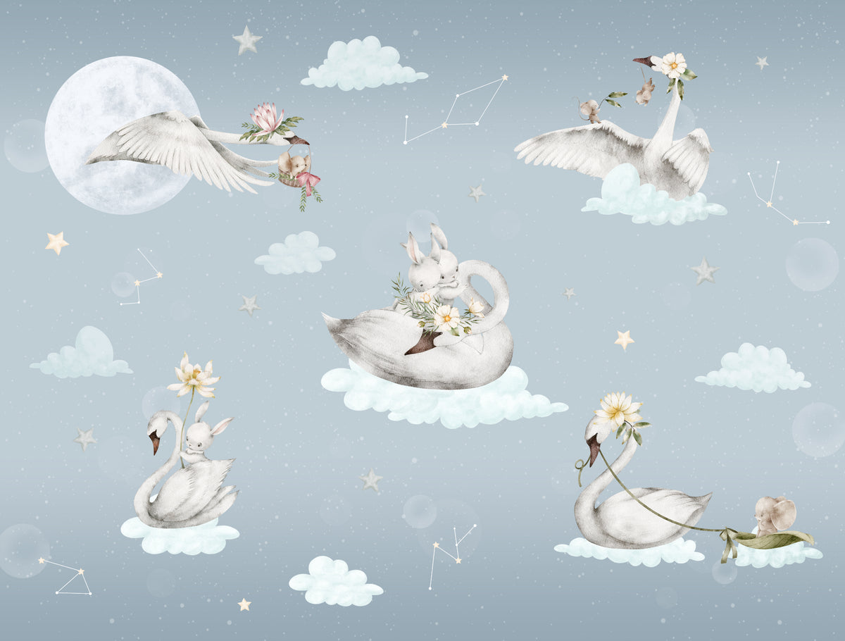 Dreamy Swan and Bunny Wall Mural in your room — zoomed