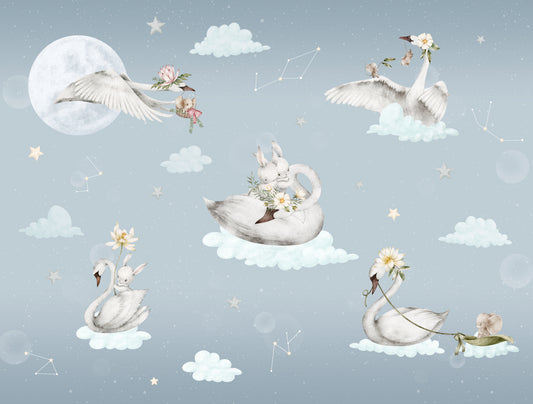 Dreamy Swan and Bunny Wall Mural
