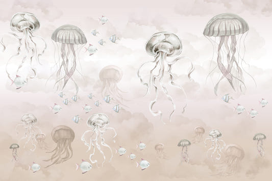 Beige Watercolor Jellyfish Wall Mural
