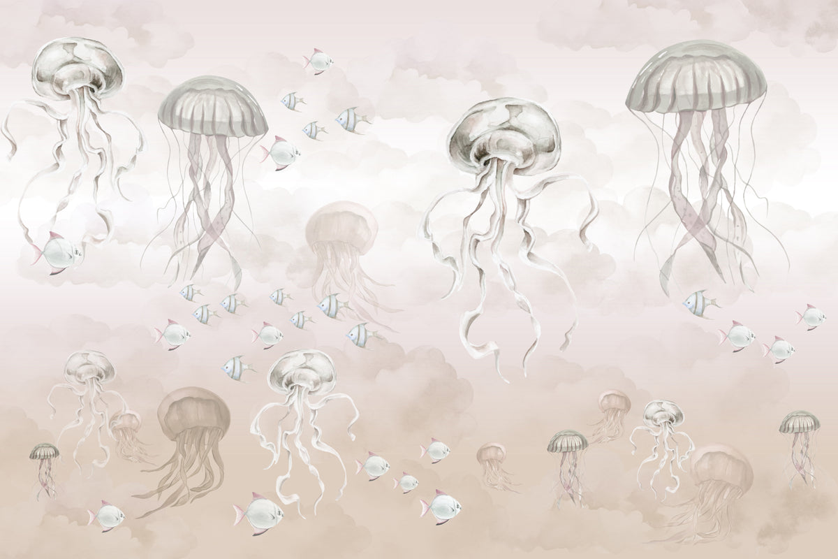 Beige Watercolor Jellyfish Wall Mural