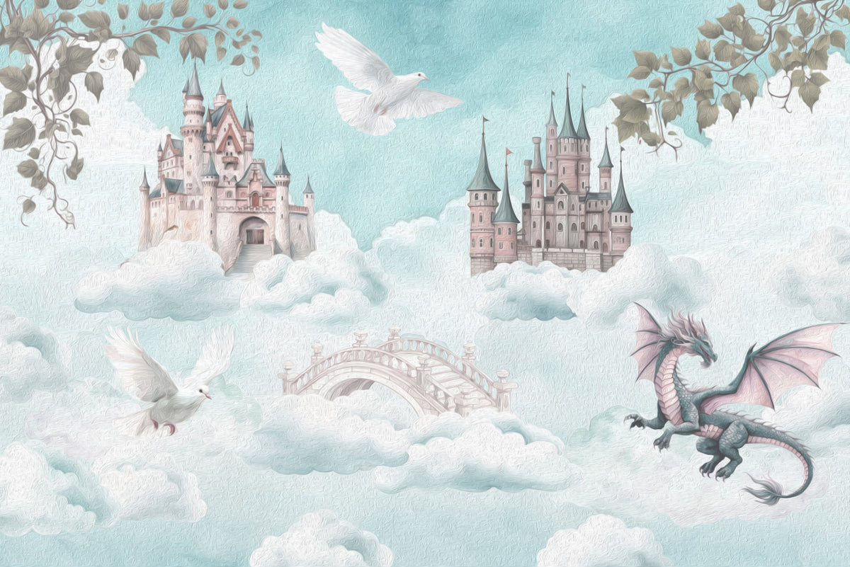 Enchanted Sky Castle Wallpaper Mural in your room — zoomed