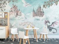 Fantasy castle wallpaper featuring soaring dragons
